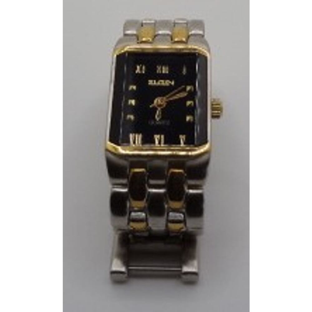 Vintage Elgin Two-Tone Watch with Black Rectangular Dial and Roman Numerals